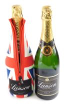 Two bottles of Lanson black label Champagne, one in outer Union Jack casing.