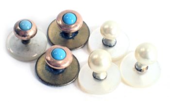 A cased set of gentleman's collar studs, each with turquoise and mother of pearl inlay, in fitted ca
