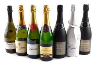 Seven bottles of sparkling wine, various countries, to include France and Spain.