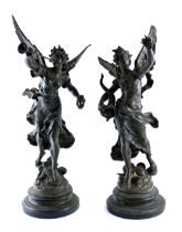 A pair of late 19thC French spelter figures, La Fortune and La Renommee after Aorreau modelled in th