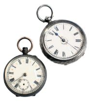 Two pocket watches, comprising a 19thC white metal florally engraved pocket watch, with white enamel