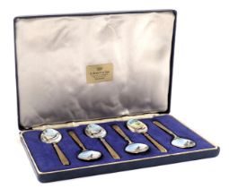 A set of six Elizabeth II silver gilt and enamel teaspoons, each decorated with a pheasant, Birmingh