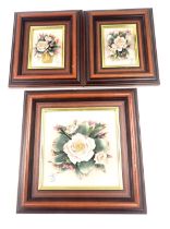 Three Capodimonte floral plaques, comprising a square example with pink roses, 16cm x 16cm, and two