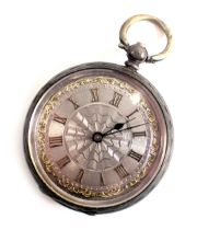 A 19thC fob watch, with a silvered and yellow metal engraved dial, with Roman numerals and blue hand