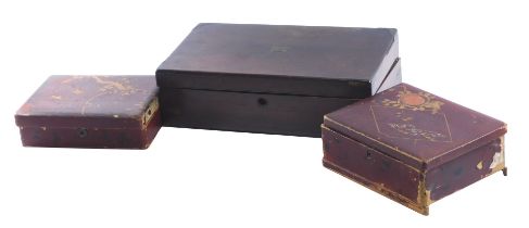 19thC boxes, comprising two red lacquer and painted storage boxes, and a mahogany writing slope. (AF