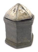 A 19thC lead tobacco jar, with faceted domed cover, 14cm high. (AF)