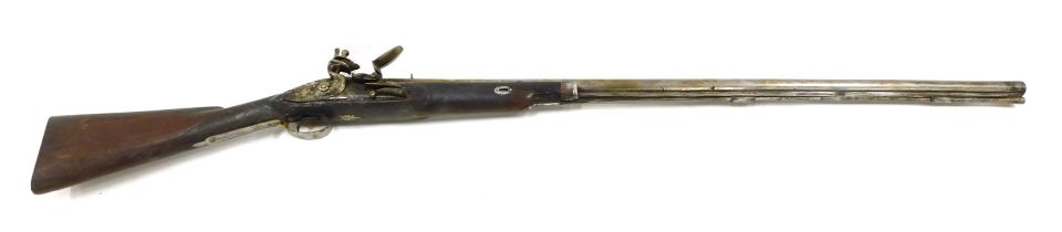 A 19thC large bore flintlock musket, the lock plate engraved IOOO and with further unidentified mark