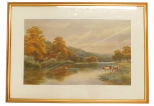 M.Lawes (20thC school). Near Maidenhead river and trees with cattle, signed and titled, 34cm x 52cm,