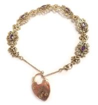 A 9ct gold gate bracelet, floral scroll design, set with oval amethyst, with extender chain and hear