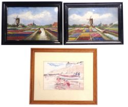 Three pictures, comprising a Mauteus Dutch tulip fields with windmill, oil on board, signed, 18cm x