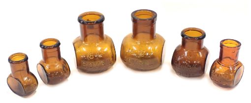 Bovril jars, from 16oz to 4oz, comprising six jars, brown ground, the largest 12cm high, the smalles