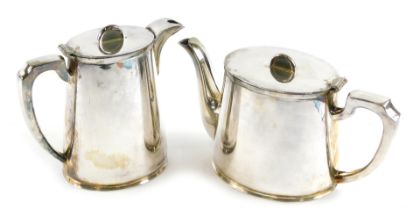 A heavy gauge Mappin and Webb art deco silver plated teapot and hot water jug, each with a demi-lune