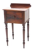 A Victorian mahogany pot cupboard, with a raised back on single figured drawer, with turned handle o