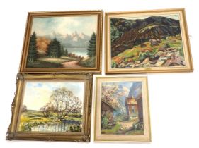 Four paintings, comprising After W.H.Evin cottage print, After Henrich Sorrenson, coloured print, wo