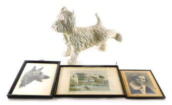 A plaster model of a terrier, 42cm high, black and white prints, After W.Neil dogs head, and After M