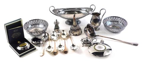 A quantity of silver plate, to include boat shaped centrepiece, wine funnel, ladle, hipflask, etc.