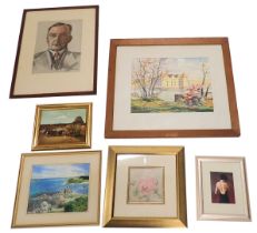 A collection of pictures and prints, comprising E.Pumfeld (20thC school) watercolour chalet scene, M