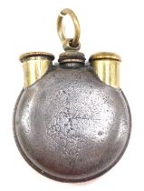 A late 19th/early 20thC iron and brass gun priming flask, possibly for oil, with hinge loop, indisti