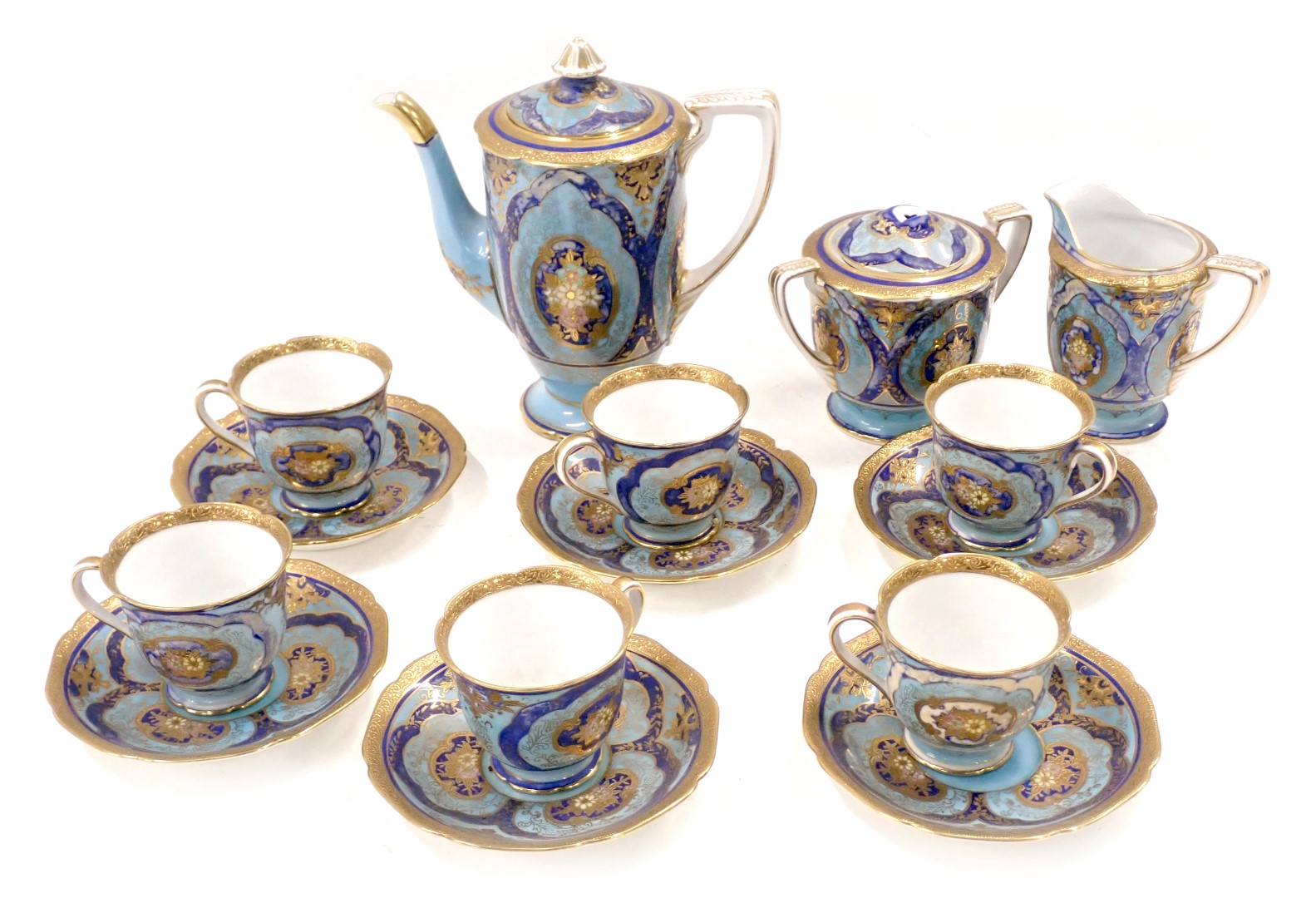 A Noritake part coffee service, comprising coffee pot, milk jug, sugar bowl, six cups and saucers. (