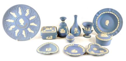 A group of Wedgwood blue Jasperware, comprising bud vase, pin dishes, egg shaped trinket box. (1 tra