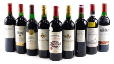Nine various bottles of French red wine, to include Lussac Saint-Emilion 2009.
