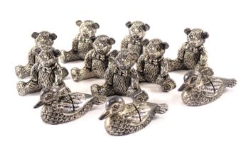 A quantity of plated metal menu holders, Teddy bears and ducks, stamped Silea, in a Stewart Millenni
