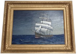 D.H. (20thC school). Masted ship, sea with seagull, signed and dated 77, oil on board, 46cm x 63cm,