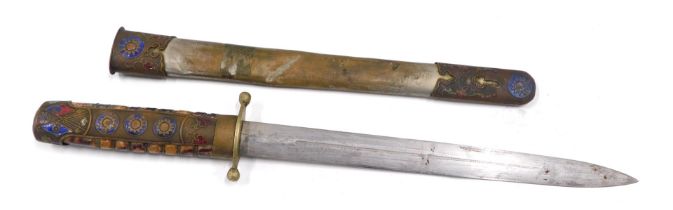 A WWII Chinese Nationalist dagger, with double edge blade, brass hilt and with brass bound faux tort