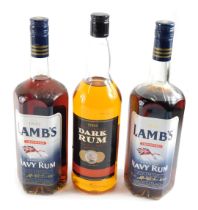 Two bottles of Lambs Genuine Navy Rum, and a bottle of Tesco dark rum. (3)