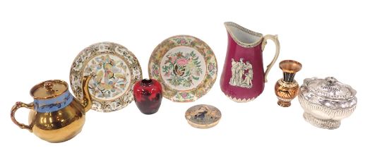 19thC and later ceramics, comprising a E.F Bodley Burslem pottery jug, lustre teapot and sugar baske