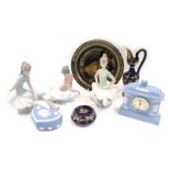 A group of collectors ceramics, comprising Wedgwood blue Jasperware mantel clock, blue Jasperware he