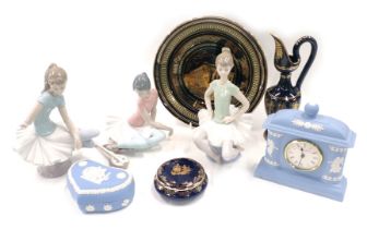 A group of collectors ceramics, comprising Wedgwood blue Jasperware mantel clock, blue Jasperware he
