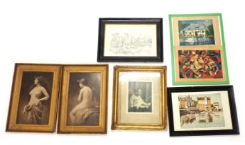 A group of pictures and prints, comprising After A. Astey semi-nude female, pencil sketch harbour sc