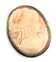 A cameo brooch, the oval cameo depicting figure in flowing hair, in a plated rope twist border, 4cm