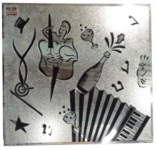 A 1950s mirror, decorated with dancing figure, champagne, keyboards, etc., 74cm x 79cm. (AF)