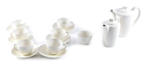 A Poole pottery white finish tea and coffee set, comprising teapot, coffee pot, seven cups and six s