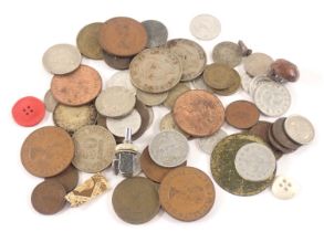 A group of mixed coins, comprising two half crowns, 1949 and 1948, pennies, half pennies, tokens, et
