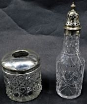 A George V silver and cut glass dressing table jar, of crest and moulded design, inscribed hair pins
