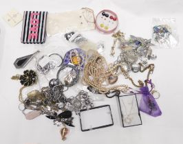 Assorted costume jewellery and effects, comprising watch chain, necklaces, stud earrings, pocket car