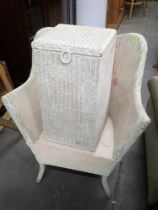 A basket weave chair and linen basket, the chair with shaped back. (2)