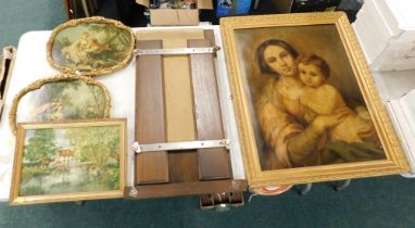 Oil on canvas cottage scene, two prints of still life, wooden board and a print of lady and child. (