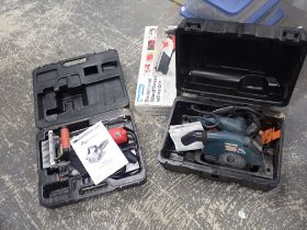 A Plaster Plugs tile cutter, a Black and Decker wood hawk, and a biscuit joiner, boxed. (3)