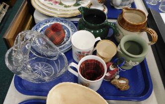 A group of ornaments, comprising Pendelfin mugs, green Wedgwood Jasperware vase, Denby frog, blue an