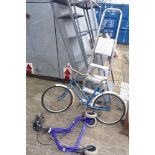 Two metal garden shelves, step ladder, Lone Ranger bicycle, and a mobility walking aide.