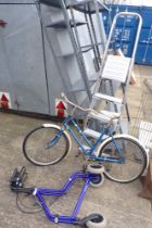 Two metal garden shelves, step ladder, Lone Ranger bicycle, and a mobility walking aide.