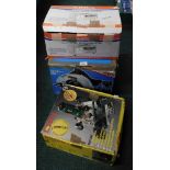 A Skil saw circular saw, a Vulcan electronic power inverter, and a Bosch POF 500. (3)