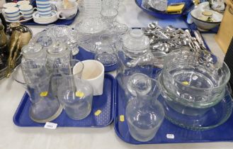 Household wares, decorated glassware, flan dishes, cake stand, stainless steel cutlery, etc. (4 tray