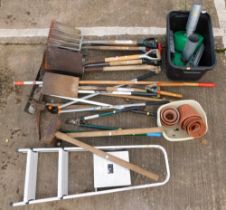 Various assorted garden tools, spades, forks, shovels, hoes, plant pots, step ladder, etc.