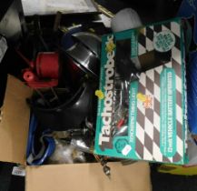 Various tools, comprising welding mask, drill bits, safety glasses, flash, grease gun, etc. (1 box)