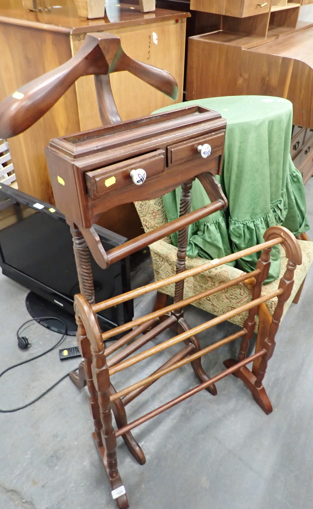 A mahogany towel rail, side table, chair and a clothes stand.